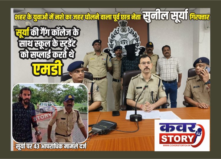 शहर के युवाओं में नशे का जहर घोलने वाला पूर्व छात्र नेता सुनील सूर्या गिरफ्तार NDPS एक्ट में फरार हिस्ट्रीशीटर सुनील सूर्या को पुलिस ने उदयपुर से पकड़ा,    सूर्या की गैंग मेडिकल कॉलेज के अलावा अन्य कॉलेज के साथ स्कूल के स्टूडेंट को सप्लाई करते थे एमडी, सूर्या पर 43 आपराधिक मामले दर्ज